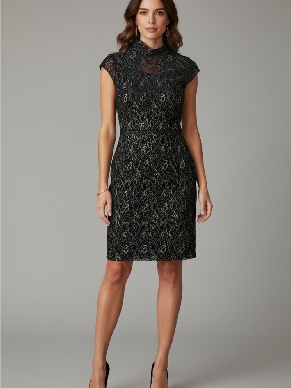 Julie Brown NYC Metallic Gold & Black Lace Mock Neck Dress - Size M